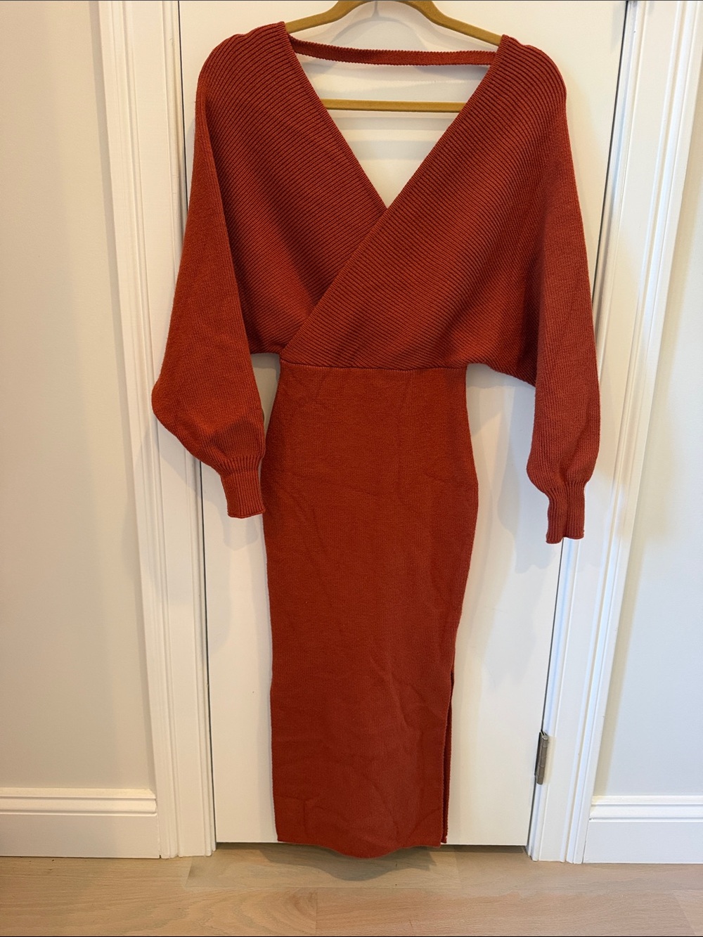 Petal & Pup Rust Knit Wrap Midi Dress with Balloon Sleeves